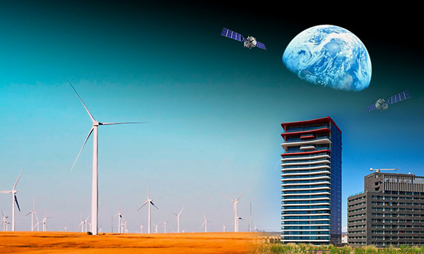 City, Satellite and Wind Turbines composite image